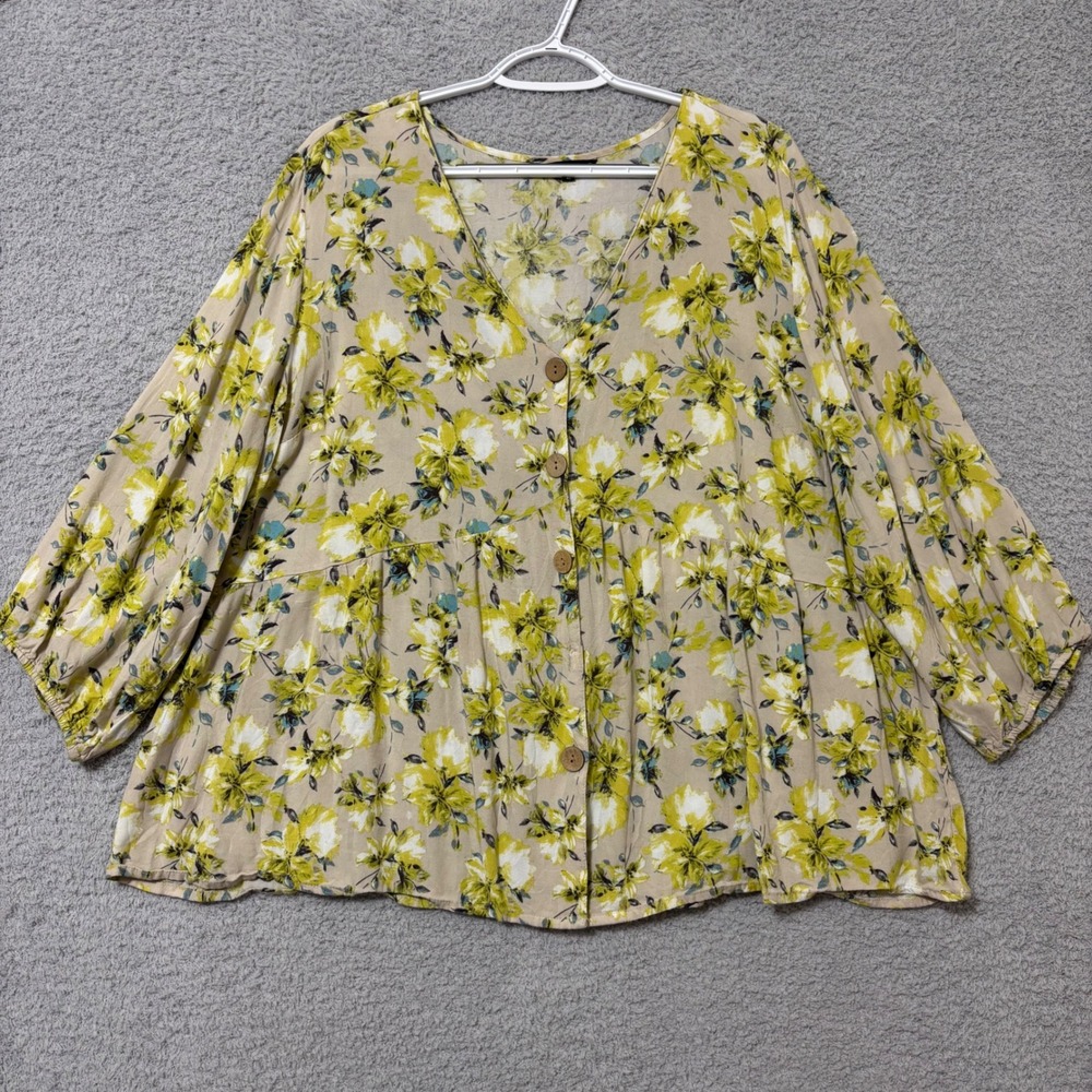 Flowy Comfort Floral Peplum Blouse Plus Size 3X Beige Green Button Front V-Neck